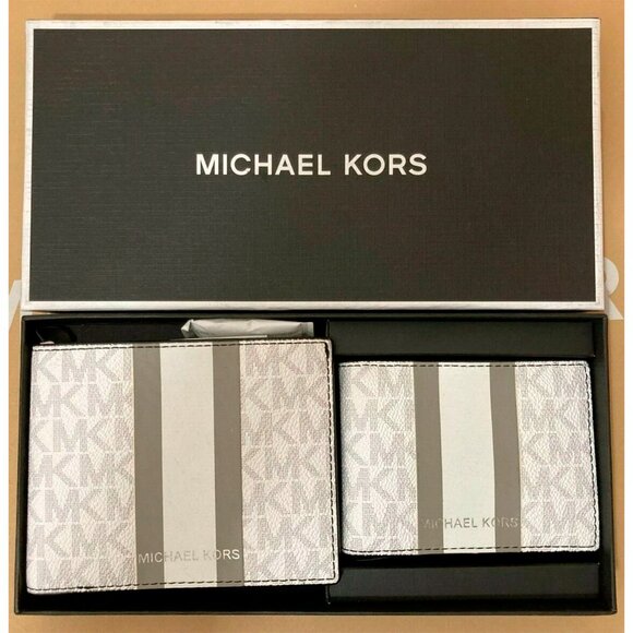 S Michael Kors Billfold Wallet Box Set White Gray Logo 36H1LGFF1B NIB $178 - Picture 1 of 9